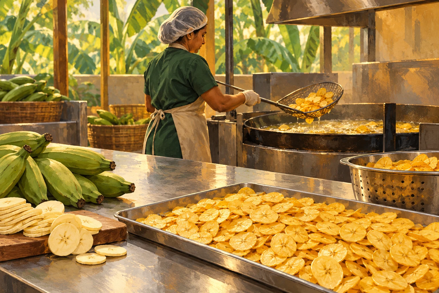 Illustration of banana chips being prepared in a snack kitchen