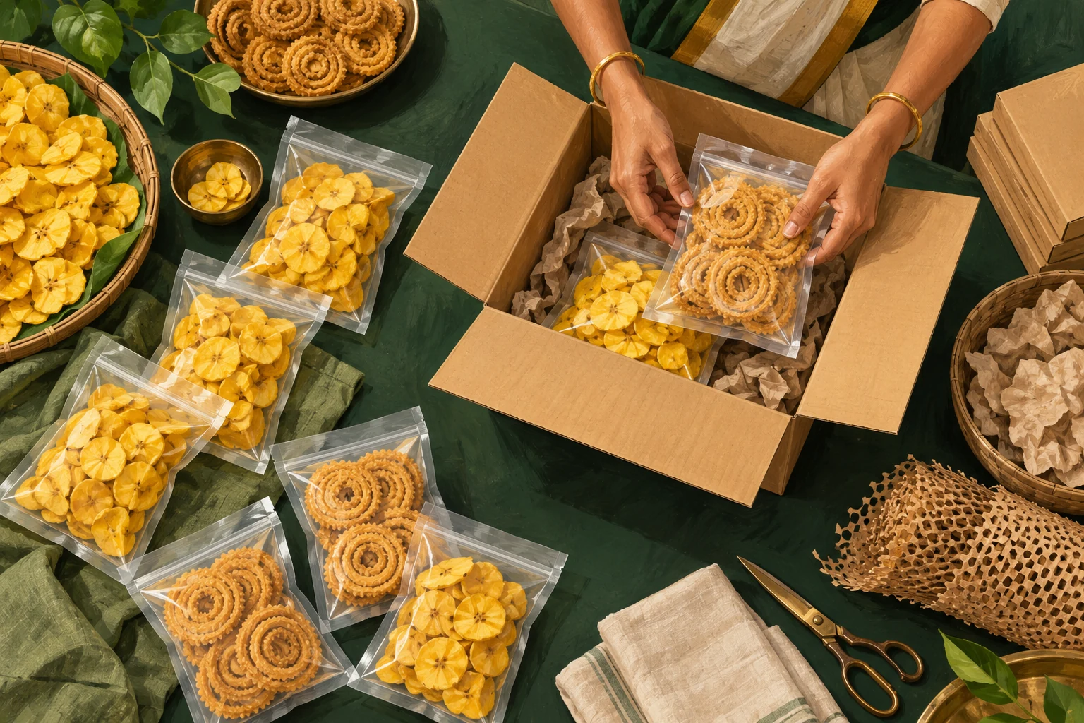 Illustration of sealed snack packs arranged in a courier carton
